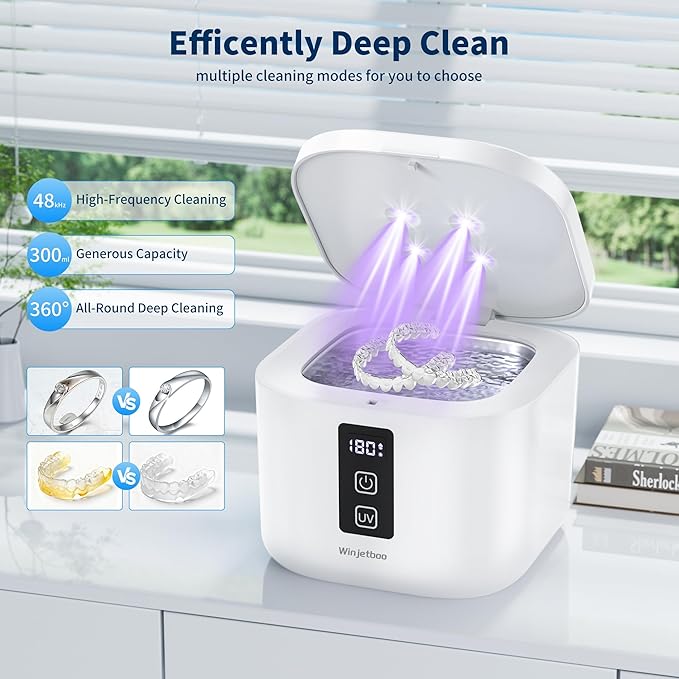 Retainer Cleaner, Ultrasonic Retainer Cleaner Machine 48kHz for Dentures, Mouth Guards, Braces, Toothbrush Heads, Jewelry, Ring with 300ML Capacity, 4 Modes Retainer Cleaning - White
