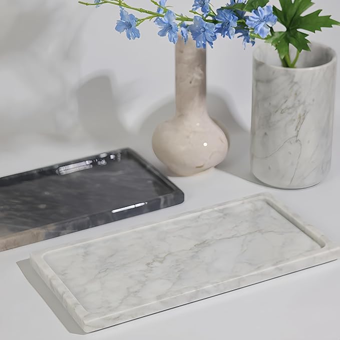 Solid Natural Marble Rectangle Vanity Tray - 9.8"x5" Italy Natural Bath & Counter Organizer, Decorative Jewelry Perfume Holder, Kitchen Coffee Table Serving Tray（White）