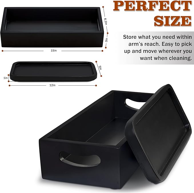 Toilet Tank Tray for Modern Black Bathroom Decor Set of 2 Acacia Toilet Tank Topper Paper Storage Decorative Organizer Box Wood Vanity Tray for Counter Decor Dresser Tops (Black)