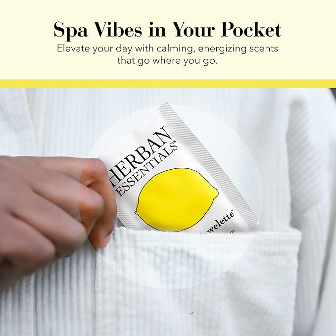 Herban Essentials - Lemon Wipes & Towelettes - Essential Oil Wipes for Make Up, Hands, Face & Body - Travel Size Essentials & Toiletries - Natural, Individually Wrapped, Disposable & Moist (20 count)