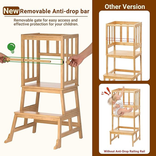 COSYLAND Kids Kitchen Step Stool，Toddler Standing Tower with CPC Certification, Removable Anti-Drop Railing Safety Rail Unique Patented Design Anti-tip Structure More Stable, 1.5-3 yrs Natural Bamboo