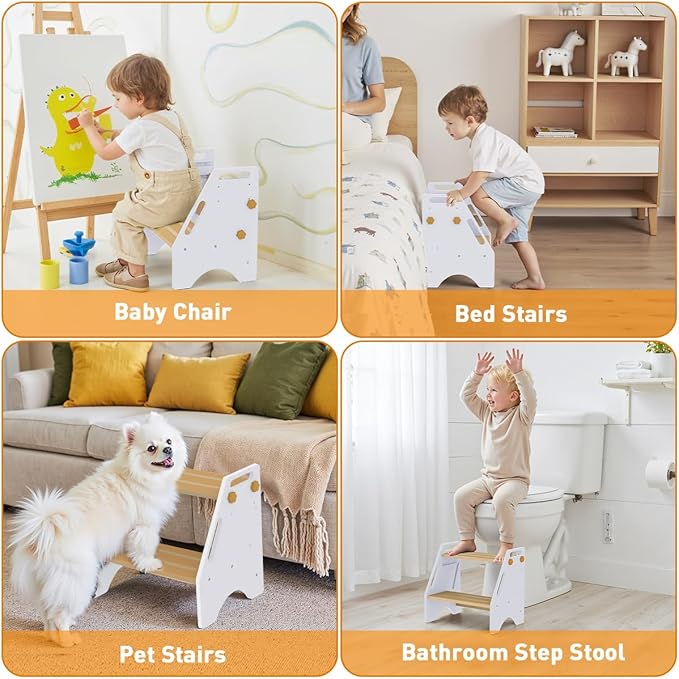 Toddler Step Stool, Wooden Height-Adjustable 2 Step Stool for Kids, 2 in 1 Potty Training Stool with Safety Handles Non-Slip Pads for Bathroom Sink, Kitchen, Bedroom (White)