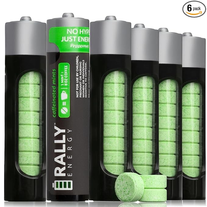 Caffeine Mints by Rally, 60milligram Caffeine, Instant Energy, Fresh Breath Caffeinated Mints, 0 Sugar, Natural Peppermint Flavor (6 Packs, 60 Mints)