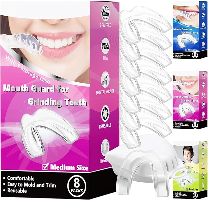 Women Mouth Guard for Teeth Grinding, Pack of 8 Moldable Mouth Guards for Clenching Teeth, Comfortable Night Guard for Teenagers Sport Athletic, Whitening Tray