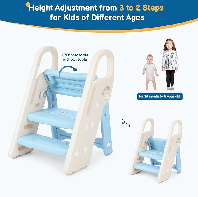 Onasti Foldable Toddler Step Stool for Bathroom Sink, Adjustable 3 Step Stool for Kids Toilet Potty Training Stool with Handles, Child Kitchen Counter Stool Helper, Plastic Ladder for Toddlers Blue