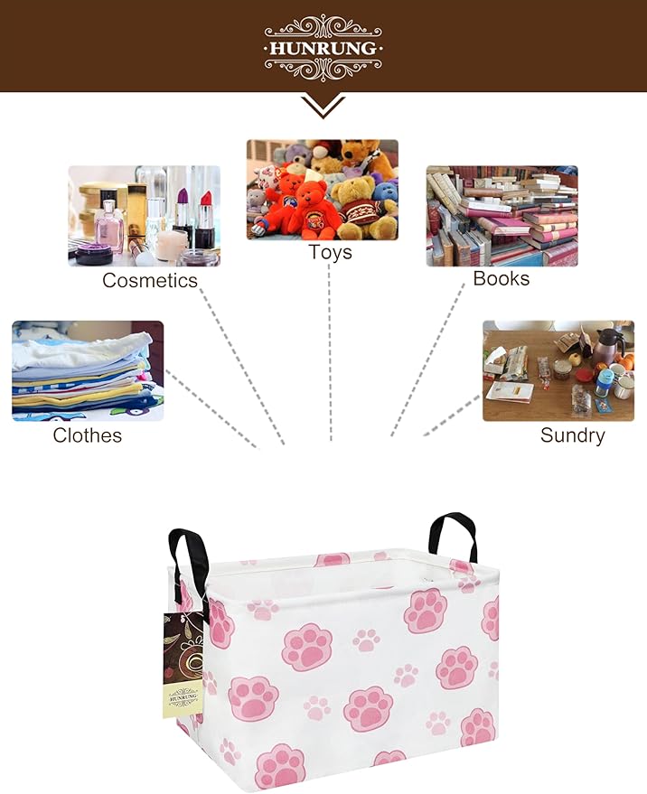 HUNRUNG Rectangle Storage Basket Cute Canvas Organizer Bin for Pet/Children Toys, Books, Clothes Perfect for Rooms/Playroom(REC-Pink Paw)