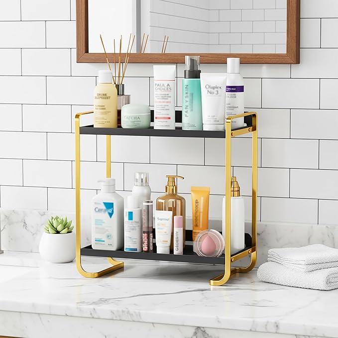 2-Tier Black and Gold Carbon Steel Bathroom Counter Organizer - Skincare Cosmetic Display Tray for Perfume, Makeup, Bathroom, and Vanity Storage - Modern Countertop Organizer and Vanity Decor