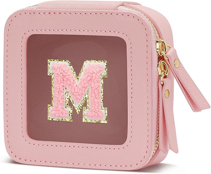 Christmas Gifts for Girls - Initial Clear Toiletry Bag, Small Cosmetic Bags for Girls with Zipper, Potable Mini Makeup Bag for Birthday, Graduation (Pink, M)