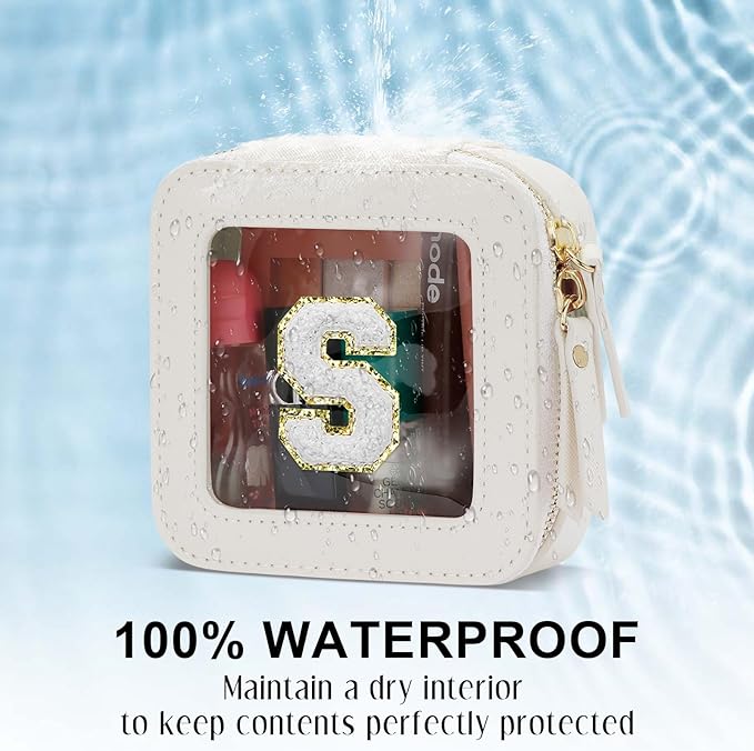 Initial Travel Toiletry Bag - Cosmetic Bags for Girls with Zipper, Clear & Potable Girls Makeup Bag for Travel, Small Cosmetic Pouch Perfect Gifts for Graduation (Beige, S)