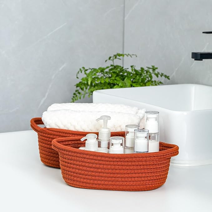 CubesLand Small Cotton Rope Storage Basket Set 5, Shelves Baskets for Organizing with Handle, Decorative Closet Storage Bins for Countertop Toilet Paper Basket for Toilet Tank Top,Rust Basket