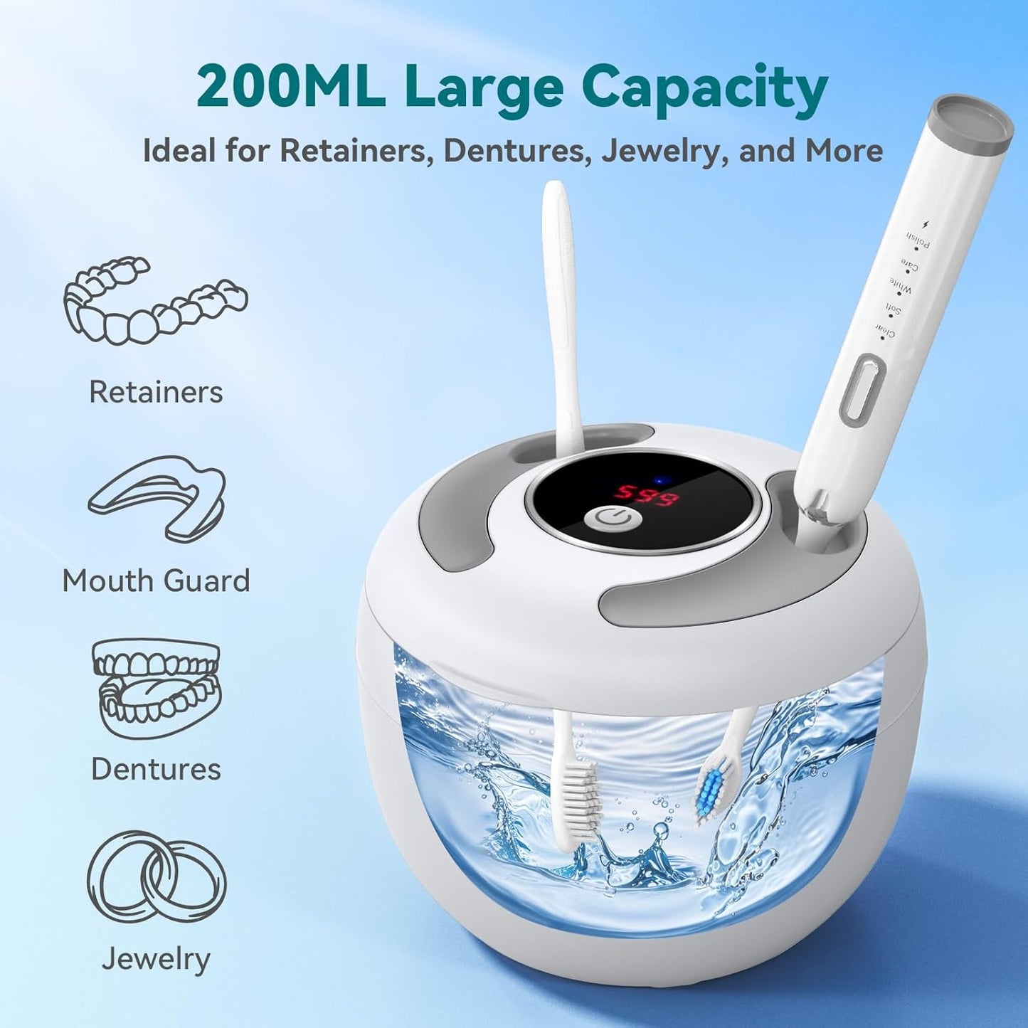 Dental Ultrasonic Retainer Cleaner Machine: 45kHz Dental Cleaning Pod for Denture, Mouth Guard, Night Guard, Aligner, Braces, Toothbrush Head & Jewelry, UV Cleaner with Digital Timer & 4 Modes, White