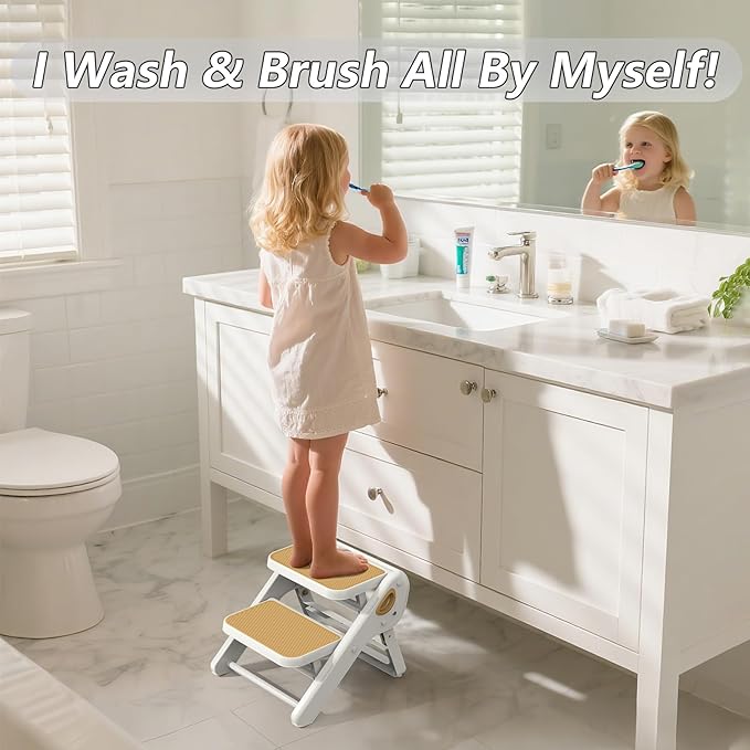 Toddler Step Stool, iNeibo 2-Step Foldable Step Stool for Kids, Widened & Thickened with Anti-Slip Design, Safer for Children Use for Kitchen, Bathroom, Toilet Training - Brown