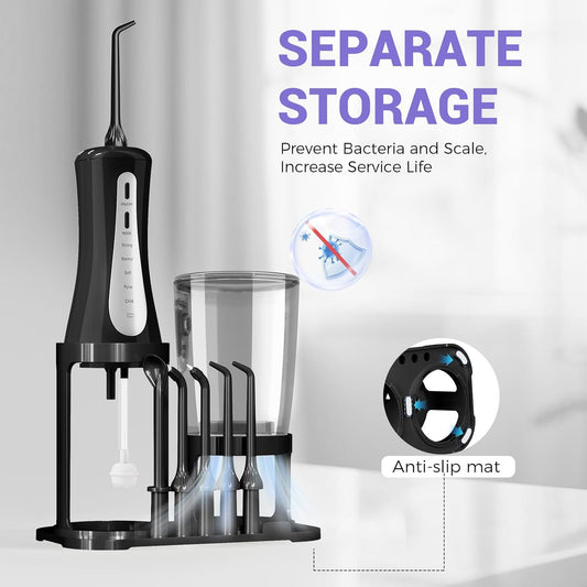 350ML Water Dental Flosser Teeth Pick with Stand Convenient Storage, 5 Modes Portable Cordless Oral Irrigator, Electric Rechargeable IPX7 Waterproof for Home Travel Teeth Cleaning(Black)