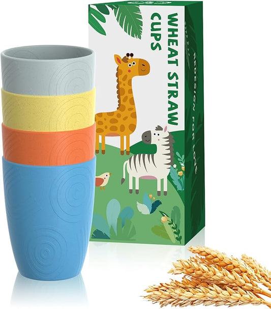Homienly Kids Cups Premium Wheat Straw Cups Set of 4, Reusable Cups, Unbreakable Drinking Cup 12 OZ, Dishwasher and Microwave safe, Tumbler for Juice, Drinks, Milk - Beach Color