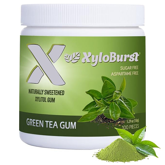 XyloBurst Gum | Xylitol Chewing Gum | Sugar Free, Gluten Free, Keto Friendly | Aspartame Free Gum For Oral Health | Green Tea | 100-Count Jar