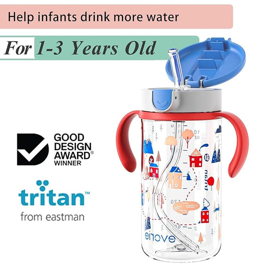 Evorie Tritan Spill Proof Toddler Straw Sippy Cup, 10 oz for Baby and Toddlers 1-3 Years Old, No Spill Straw Water Bottle with Removable Handles, Ideal for School, BPA-Free, Happy Valley