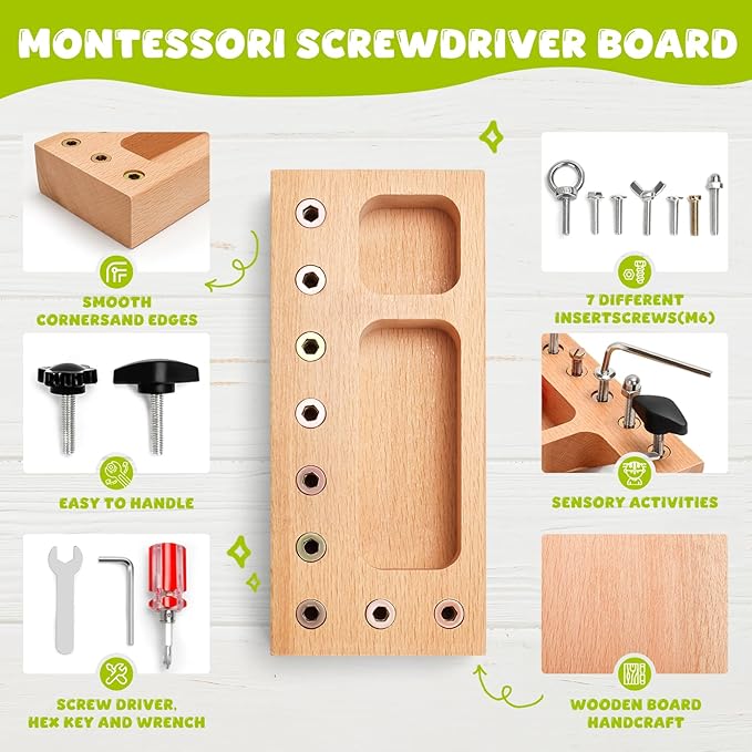 TenFans Montessori Busy Board for Toddlers 3-5 Years, Wooden Screwdriver Activity Board, Fine Motor Skills & Sensory Development Toy, Preschool Learning & Travel