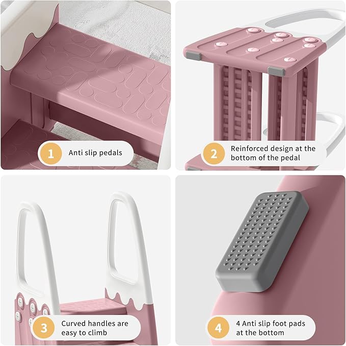 Two Step Stool with Handrails for Toddler and Kids, Standing Learning Stool Tower for Bathroom Sink, Potty Training, Children Step Up Learning Helper with Handles (Pink-White)