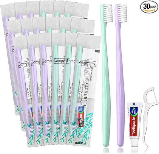 Disposable Toothbrushes, Toothbrush and Toothpaste, Toothbrush and Toothpaste Travel, Comes with Floss Picks, Individually Packaged, 2 Colors, Suitable for Hotel, Home, Camping, Travel (PACK-30)
