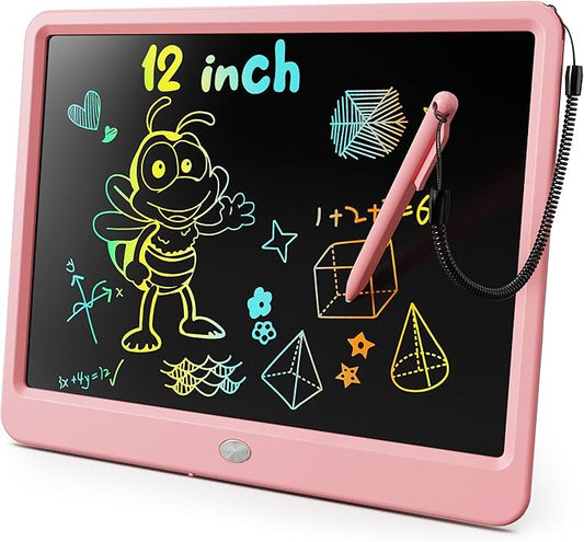 KOKODI LCD Writing Tablet, 12 Inch Colorful Toddler Doodle Board Drawing Tablet, Erasable Reusable Electronic Drawing Pads, Educational and Learning Toy for 3-6 Years Old Boy and Girls(Pink)
