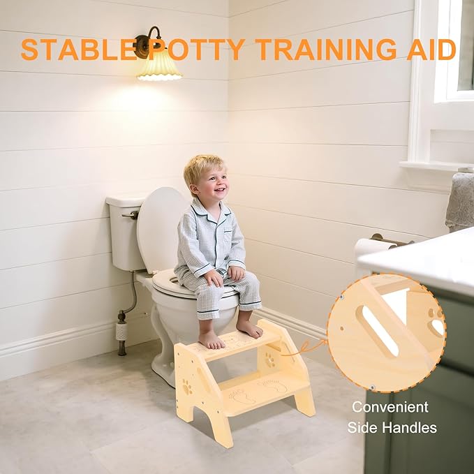 Toddler Step Stool Wooden 2 Step - Height Adjustable Bathroom Sink Helper with Non-Slip Rubber Feet and Cute Design - 300lbs Support Step Stool for Toddlers Kids Baby Use in Kitchen or Toilet