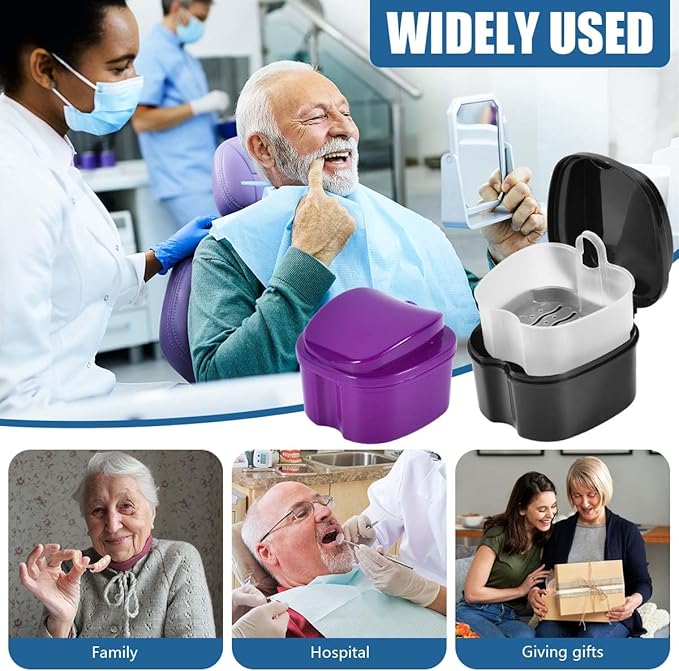 2 Pack Colors Denture Bath Case Cup Box Holder Storage Soak Container with Strainer Basket for Travel Cleaning (Purple and Black)