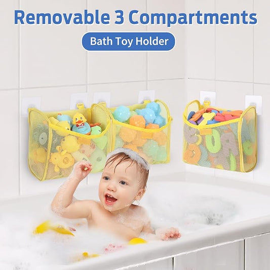 Bath Toy Storage, Goowin Bath Toy Holder, 3 Compartment Large Openings Bath Toy Organizer, Large Capacity Bath Tub Toy Holder, Kids Bathtub Toy Storage for Accessing & Sorting Toys (Yellow, Upgrade)