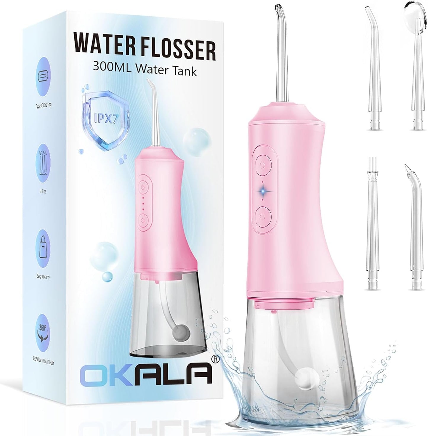 Water Dental Flosser - Portable Cordless Oral Irrigator 300ML, Rechargeable IPX7 Waterproof Irrigation Cleaner for Teeth Cleaning & Flossing, Travel & Home Use (Pink)