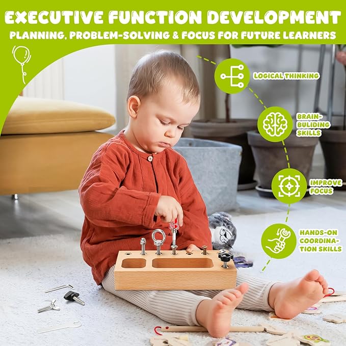 TenFans Montessori Busy Board for Toddlers 3-5 Years, Wooden Screwdriver Activity Board, Fine Motor Skills & Sensory Development Toy, Preschool Learning & Travel