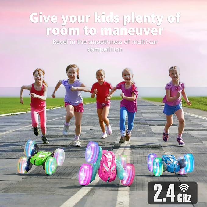 Remote Control Car for Girls 6-12 with Flashing Light, Toys 6 7 8 9 Years Old Girl Birthday Gifts Idea, RC Cars Stunt 4WD 2.4Ghz Double Sided 360° Flip, Present for Kids, Christmas, Pink