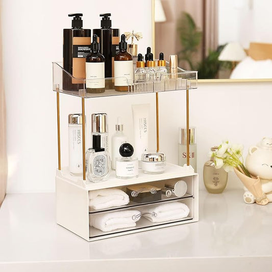 2-Tier 2-Drawer Bathroom Countertop Organizer, Multi-Purpose Makeup Organizer for Vanity, Large Skincare Countertop Organizer, Cosmetic Display Case for Dresser, Elegant Gifts for Women, Clear