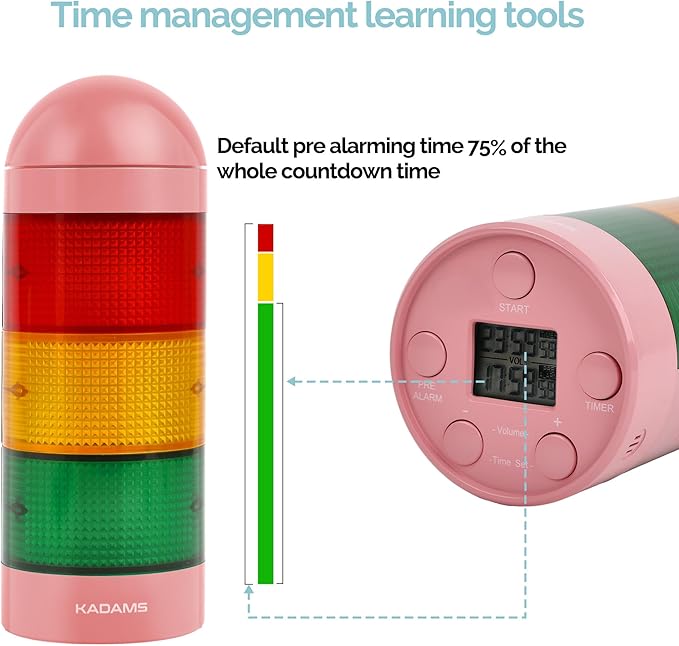 KADAMS Visual Timer for Kids with Audio Pre-Alarm - Traffic Light Alarm for Kids Toddler Teachers Classroom Home Time Management Tool 24hr Countdown Pause Memory Function, Pink