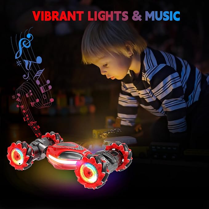 Remote Control Car for Boys - RC Cars for Boy Age 4-12, Gesture Sensing RC Stunt Drift Car for Kids Toys 4 5 6 7 8 9 10 11 12 Year Old Boy Birthday with Cool Lights Music (Red-Black)