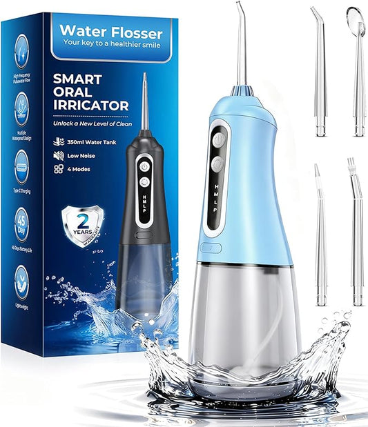 Water Dental Flosser Pick for Teeth, Cordless Oral Irrigator Cleaner 350ML IPX7 Waterproof Rechargeable, 4 Modes 4 nozzles, Portable Professional Flossing for Cleaning Gum Care Braces Home Travel