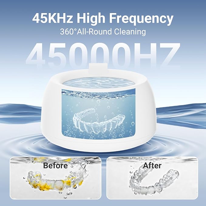 Ultrasonic Retainer Cleaner Machine, 45kHz & 200ML Dental Cleaning Pod for Dentures, Aligners, Mouth Guards, Braces, Toothbrushes & Jewelry, Ultrasonic Cleaner with Digital Timer