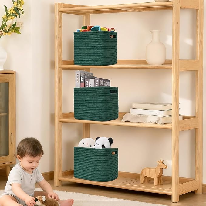 3 Pack Cube Storage Bin, 9”x9”x7” Cotton Rope Woven Baskets for Organizing Toys Clothes Towels, Square Gift Storage Baskets for Shelf, Nursery, Closet, Bathroom, Pantry (Green)