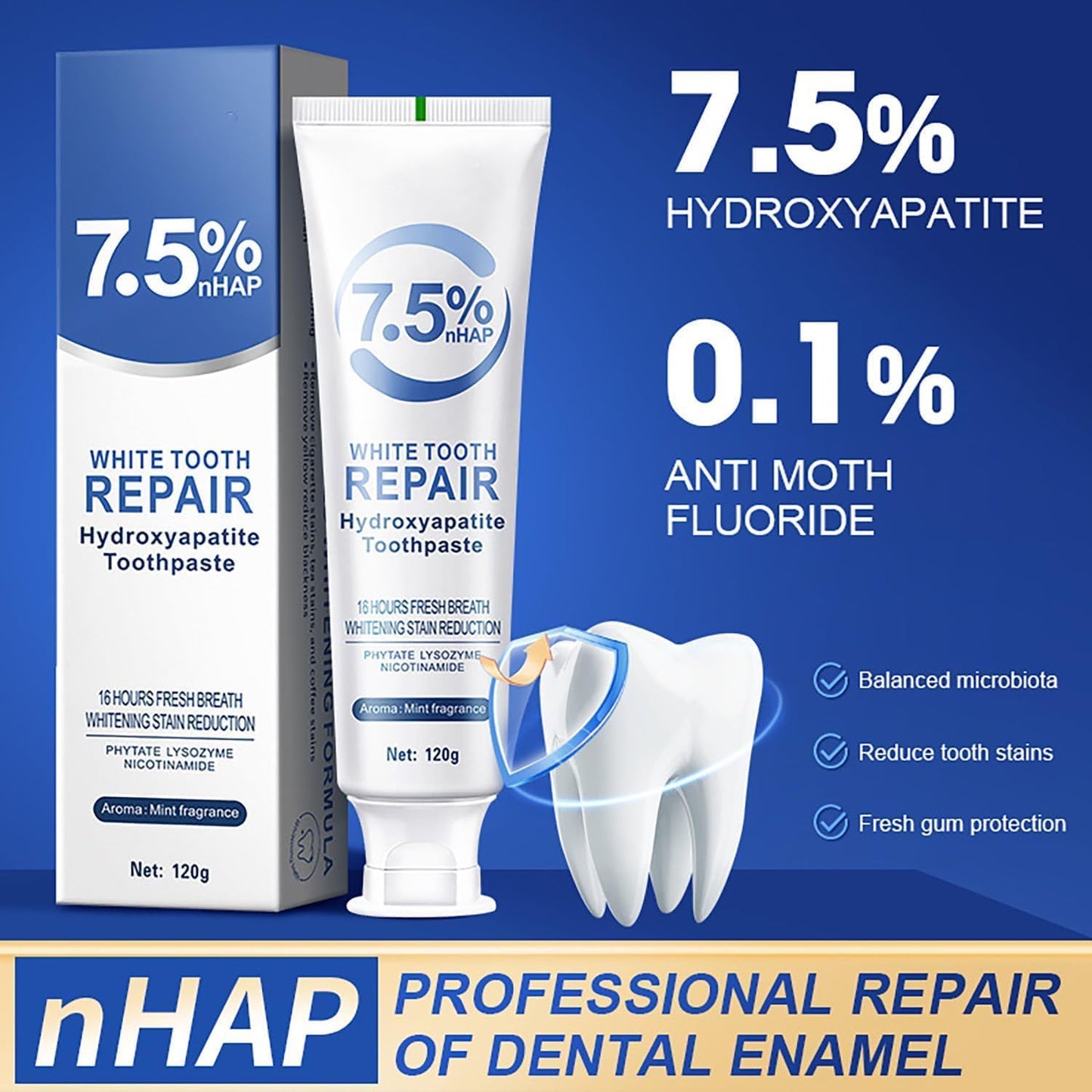 7.5% Hydroxyapatite Toothpaste, 7.5% Hydroxyapatite Toothpaste for Enamel Protection and Tooth Strengthening, White Tooth Repair, Sensitive Teeth, Gentle Mint, Daily Use for Oral Health (4)