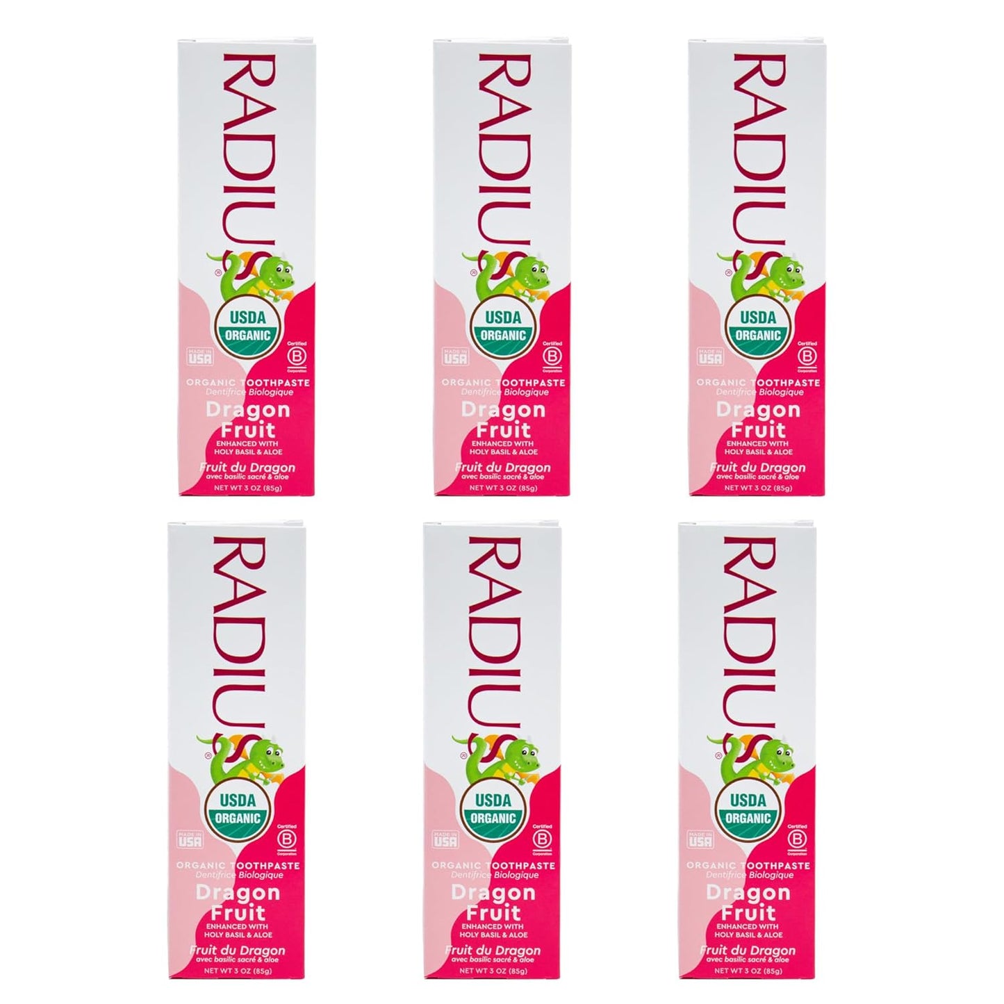 RADIUS USDA Organic Kids Toothpaste 3oz Non Toxic Chemical-Free Gluten-Free Designed to Improve Gum Health for Children's 6 Months and Up - Dragon Fruit - Pack of 6