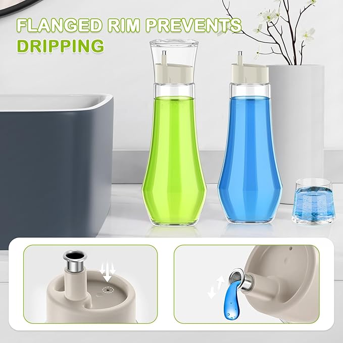 Glass Mouthwash Dispenser for Bathroom, 8.8oz Refillable Mouth Wash Container Bottle with Lid Cup, Small Clear Mouthwash Dispensers Decanter for Countertop, Set of 2