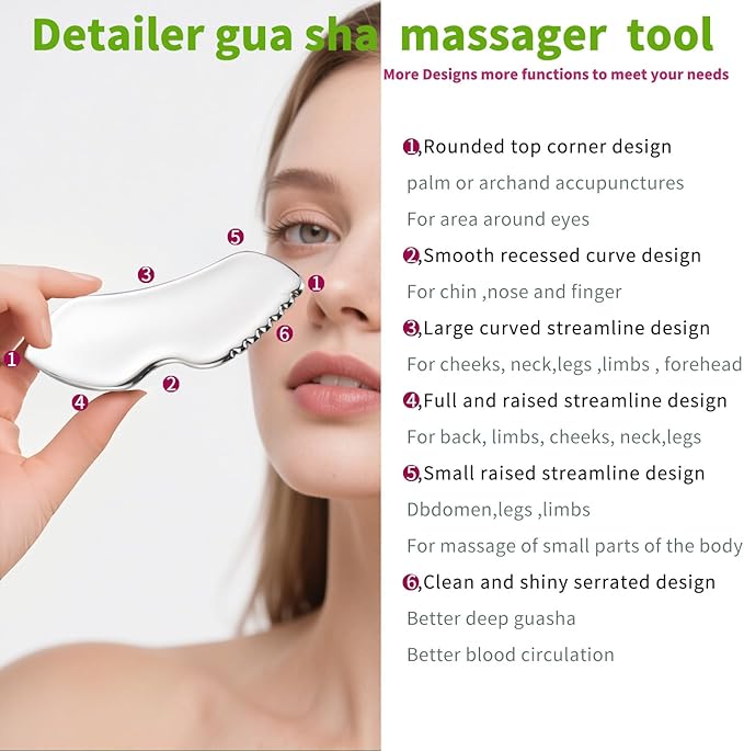 3-in-1 Stainless Steel Facial Massage Set, Face Roller, Gua Sha Tool, Eye Cream Applicator, Silver,Gifts for Women and Girl