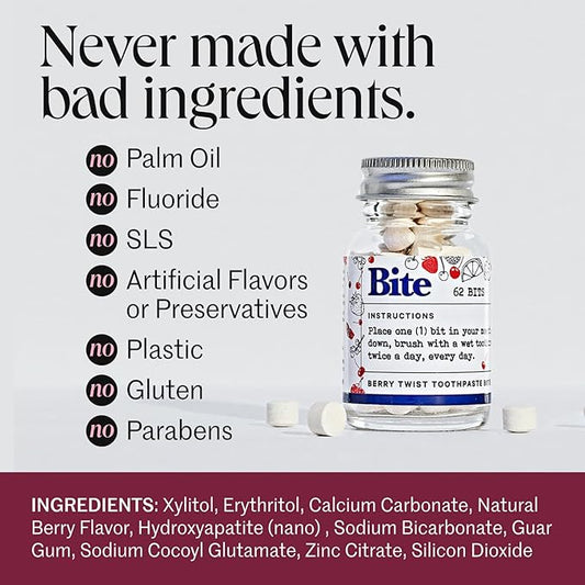 Bite Whitening Toothpaste Tablets – Nano Hydroxyapatite & Xylitol (Berry Twist) | Sensitive Teeth & Kid-Friendly | No Fluoride, Vegan, Cruelty-Free | Travel-Size | 2 Bottles (124 Bits) | Made in USA