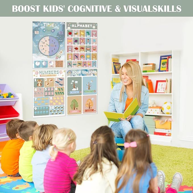 16 Educational Posters for Preschoolers, Laminated PreK Learning Poster Charts for Toddlers 1-3, Learning Wall Charts for Kids’ Bedroom, Playroom, Preschool, Kindergarten and Homeschool (Morandi B)