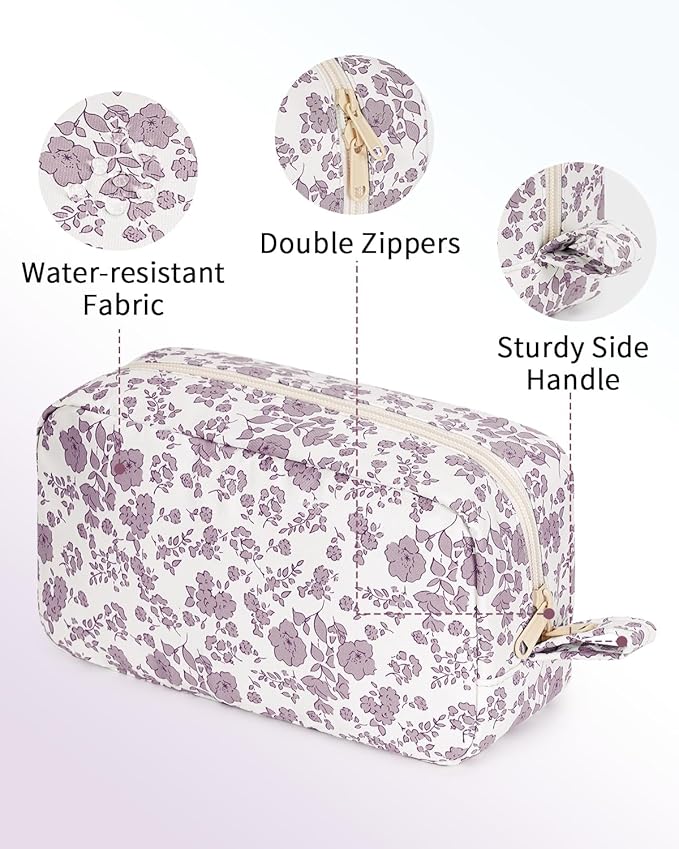 Narwey Cute Makeup Bag Small Toiletry Bag Travel Cosmetic Bag Organizer Make Up Bags with Organized Pockets for Women (Little Dusty Pink Flower, Large)