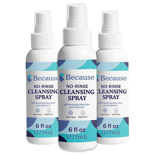 Because No Rinse Incontinence Cleansing Spray - Hydrating Formula, pH Balanced, Paraben-Free, Infused with Nourishing Aloe Vera, Chamomile, and Vitamin E - Non-Drying, 6 fl oz, 3-Pack