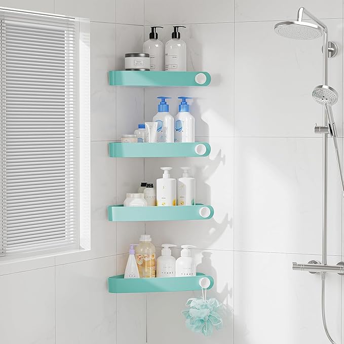 Sotfamily Shower Caddy Corner, 4 Pack Adhesive Corner Shower Shelves for Bathroom Organizers and Storage, Rust Free Plastic Rack for Bathroom Accessories & Decor, Turquoise