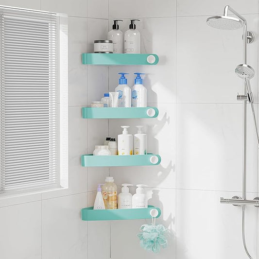 Sotfamily Shower Caddy Corner, 4 Pack Adhesive Corner Shower Shelves for Bathroom Organizers and Storage, Rust Free Plastic Rack for Bathroom Accessories & Decor, Turquoise