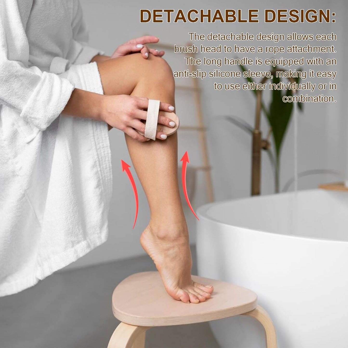 Dry Brushing Set - Natural Boar Bristle Body & Face Brush, Wooden Long Handle Scrub Brush for Cellulite & Lymphatic Drainage, Detachable, 3 Brush Heads