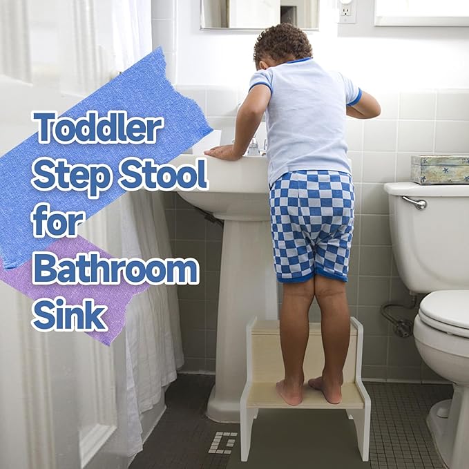 WOOD CITY Kids Step Stool for Toddler, Wooden White-Natural Patchwork Two Step Children's Stools with Handles, Bonus Non-Slip Pads for Safety, Bathroom Potty Stool & Kitchen Step Stools Dual Height