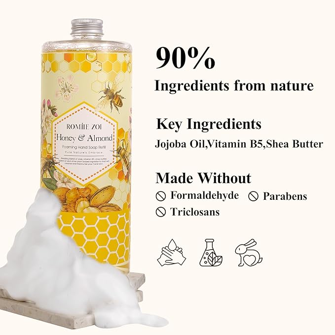 ROMIIE ZOI Foaming Hand Soap Refill- Natural Honey & Almond Fragrance Gentle & Moisturizing Formula Hand Soap Refills with Dispenser for Home & Kitchen, 1 L/ 33.8 FL OZ pack of 3