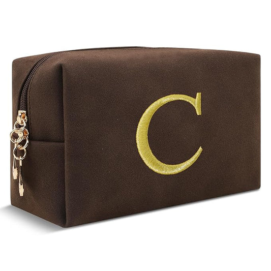 Personalized Initial Makeup Bag,Preppy Suede Cosmetic Bag for Teen Girls,Small Monogram Travel Toiletry Bag With Gold Embroidered Letter,Trendy Stuff Custom Christmas Gift for Women(Coffee-C)